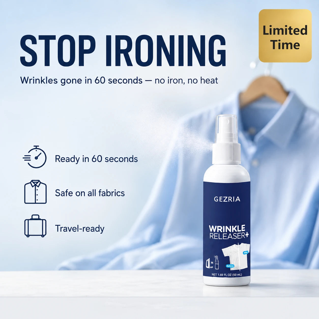 🔥 Limited-Time 36% Off — GEZRIA Wrinkle Release Spray | Smooth Out Wrinkles in Seconds, No Iron