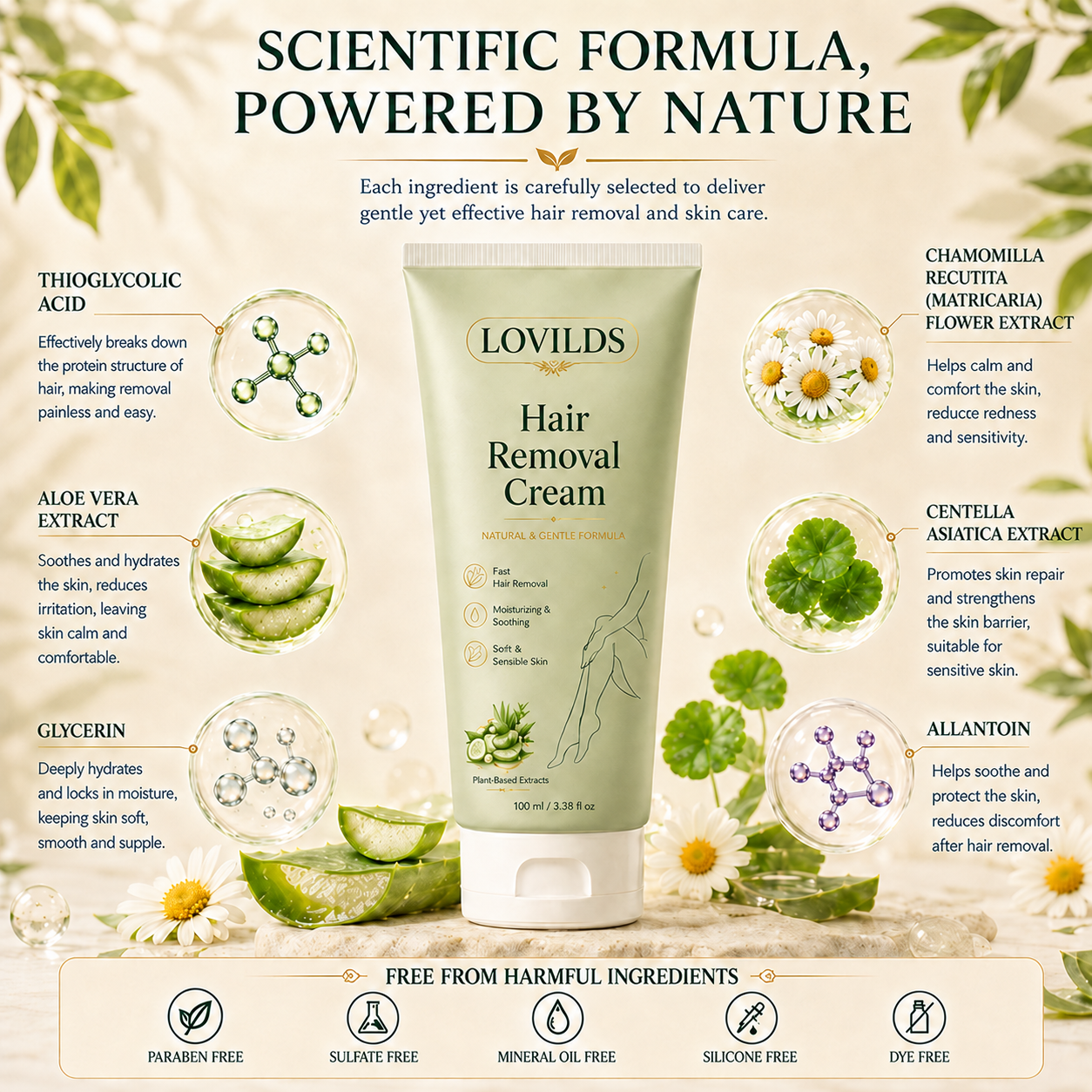LOVILDS™ Natural Gentle Hair Removal Cream | For Women & Men, Sensitive Skin